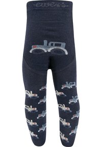 Dunkelblaue Strickleggings mit einem sich wiederholenden Muster von weißen und grauen Fahrzeugen, ergänzt durch rote und blaue Akzente sowie einer weichen Textur.