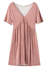 Rotes Blumenkleid mit einem V-Ausschnitt, kurzen Ärmeln und Raffung unter der Brust. Aus leichtem Stoff mit weicher Textur gefertigt.