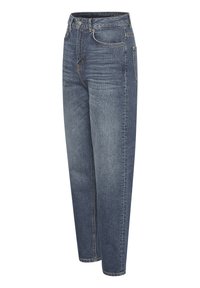 Jeans in denim di colore blu scuro. Presentano un design a gamba dritta, cinque tasche, chiusura con bottone in metallo e leggera scoloritura su tutto il tessuto.