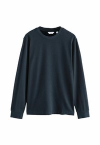 Long-sleeve t-shirt in dark navy cotton. Features a round neckline, relaxed fit, and simple design without patterns or accents.