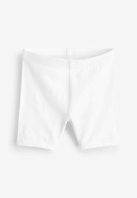 Shorts en coton blanc avec une texture lisse, présentant un design simple et une taille élastique, coupés à mi-cuisse.