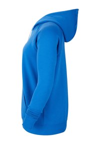 Sweat à capuche de couleur bleu vif, fabriqué en tissu doux. Il présente une poche avant, des poignets côtelés et une coupe décontractée.