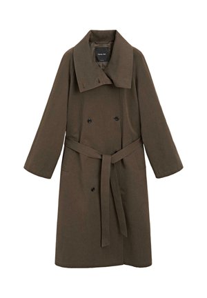 Brun dubbelknäppt trenchcoat med bred notchad krage, långa ärmar och ett tygbälte i midjan. Slätt, texturerat material.