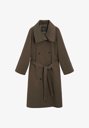 Bruine double-breasted trenchcoat met een brede gerevende kraag, lange mouwen en een stoffen riem in de taille. Gladde, gestructureerde stof.