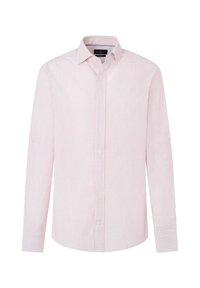 Camicia da uomo a maniche lunghe in tessuto a righe rosa chiaro e bianche. Caratterizzata da un'apertura con bottoni, colletto e polsini con un bottone.