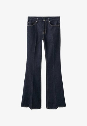 Jeans in denim scuro a zampa con vita alta, design a cinque tasche, cuciture a contrasto e una trama liscia e resistente.