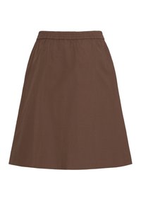 Bruine rok tot op de knie met elastische tailleband en A-lijn silhouet, gemaakt van gladde stof.