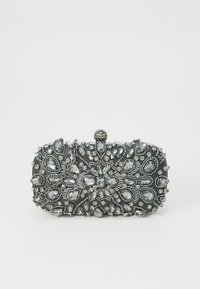 Perlenhandtasche in Dunkelgrau mit aufwendigem floralen Muster, ausgestattet mit mehreren Strasssteinen, einem metallischen Verschluss und einem Kettenriemen.