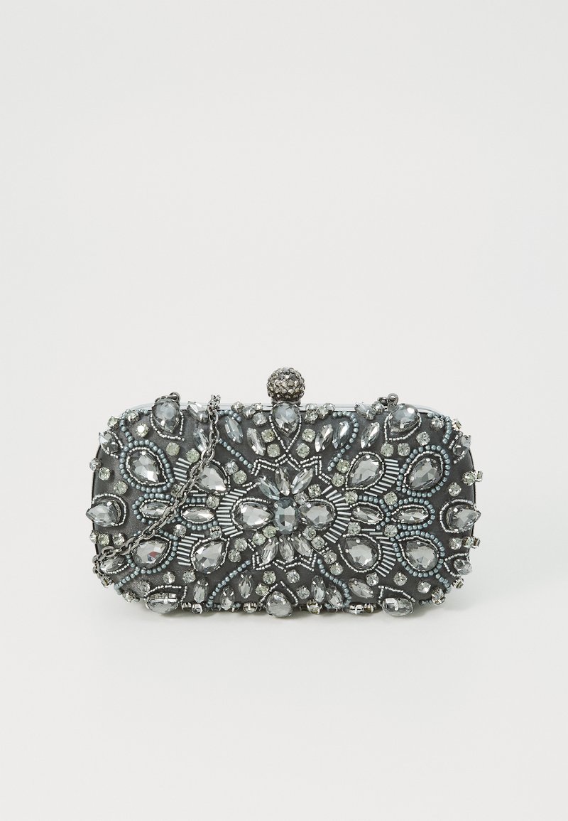 Kopertówka z koralików w ciemnoszarym kolorze z misternym wzorem kwiatowym, ozdobiona licznymi cyrkoniami, metalowym zapięciem i łańcuszkowym paskiem.