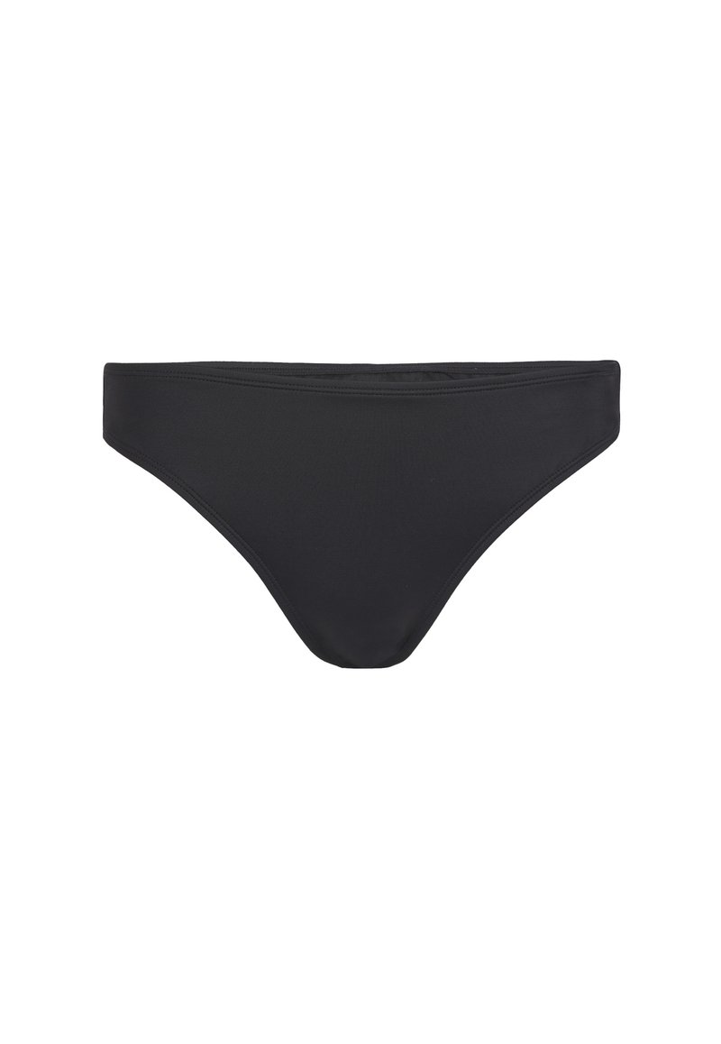 Bas de bikini noir avec une texture lisse, une taille basse et une couverture minimale. Présente des coutures simples et une forme classique.