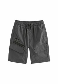 Shorts cargo gris avec une taille élastique, un cordon de serrage, deux poches latérales et une poche zippée à l'avant. Tissu léger et texturé.