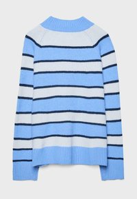 Maglione a righe bianche e blu con collo e polsini a coste, tessuto morbido e larghezze delle righe variabili in blu navy e azzurro.