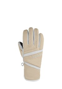 Beiger Skihandschuh mit weicher Außenseite, weißen Akzentstreifen, strukturierter Oberfläche und einer Schlaufe zum Befestigen. Herstellerlogo ist gut sichtbar.