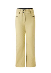 Helle gelbe wasserdichte Hose mit geradem Bein, Reißverschlusstaschen und flachem Verschluss vorne, der zwei Knöpfe und subtile Nahtdetails aufweist.