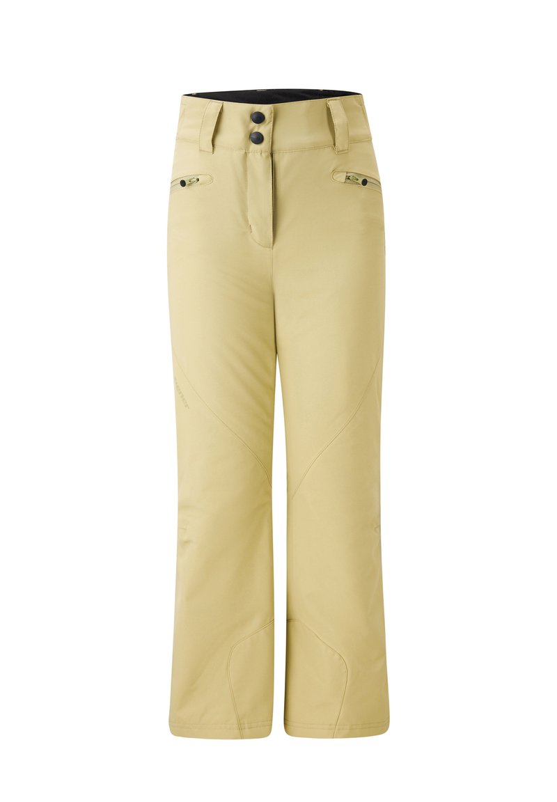 Helle gelbe wasserdichte Hose mit geradem Bein, Reißverschlusstaschen und flachem Verschluss vorne, der zwei Knöpfe und subtile Nahtdetails aufweist.