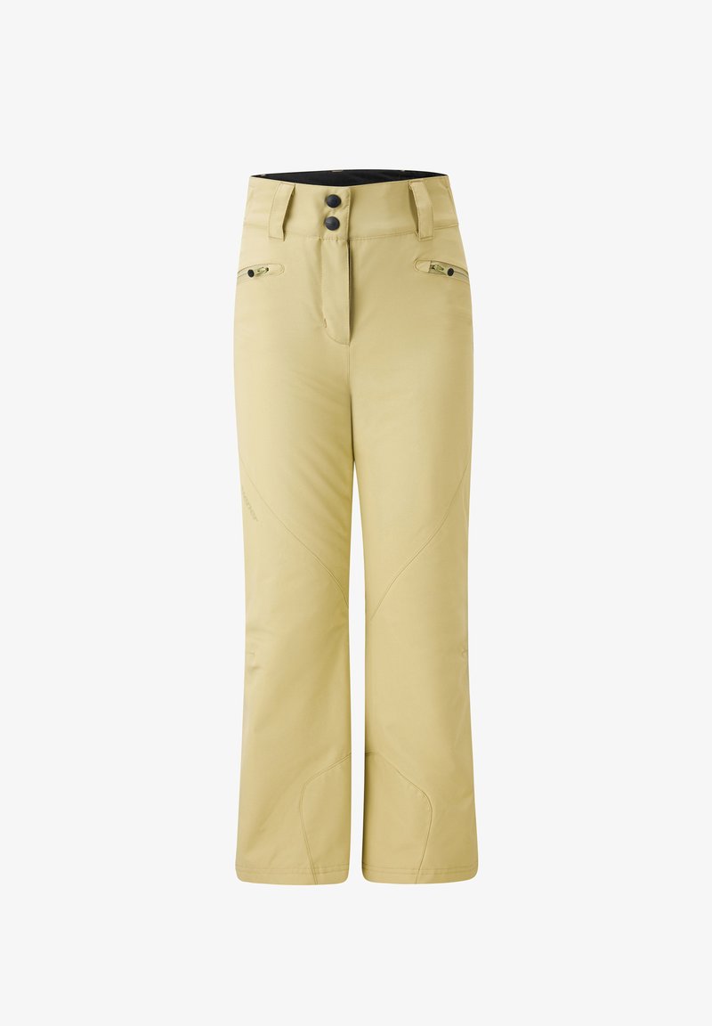 Helle gelbe wasserdichte Hose mit geradem Bein, Reißverschlusstaschen und flachem Verschluss vorne, der zwei Knöpfe und subtile Nahtdetails aufweist.