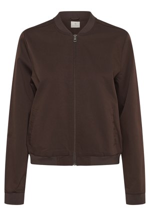 Blouson aviateur marron avec fermeture éclair à l'avant, col, poignets et ourlet côtelés, et poches latérales, présenté sur un fond blanc.