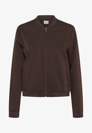 Blouson aviateur marron avec fermeture éclair à l'avant, col, poignets et ourlet côtelés, et poches latérales, présenté sur un fond blanc.