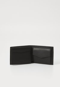 Black leather wallet with two card slots, one larger compartment, smooth texture, and stitching details. Opens to reveal interior sections.