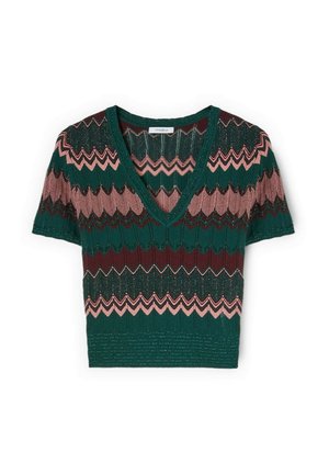 Kortærmet strikket top med dyb V-hals, med grønne, pink og bordeaux zigzag-mønstre og ribbet kant.