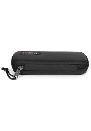 Black zippered case with a rectangular shape, made of textured fabric, featuring a small loop and logo patch on the front.