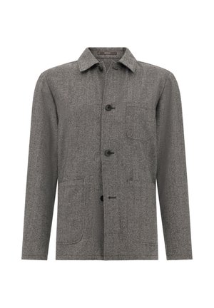 Giacca grigia in misto lana con colletto a risvolto, chiusura frontale con bottoni, tre tasche anteriori e una finitura texturizzata.