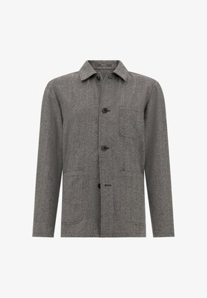 Giacca grigia in misto lana con colletto a risvolto, chiusura frontale con bottoni, tre tasche anteriori e una finitura texturizzata.