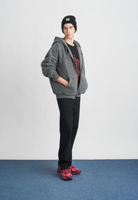 Harmaa vaakkuvetoketjullinen takki, musta graafinen t-paita, mustat housut ja vaaleanpunaiset kuviolliset lenkkarit. Musta pipolakki, jossa on logo edessä.