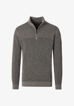 Grauer Pullover mit halblangem Reißverschluss am Kragen, mit geripptem Muster auf den Schultern und einem gewebten Muster am gesamten Körper.