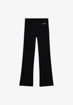 Pantaloni neri a gamba larga realizzati in tessuto elasticizzato; presentano una cintura liscia e un piccolo logo dorato "FREDDY" sulla parte superiore sinistra.
