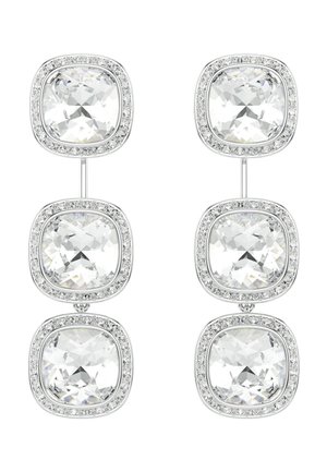 Pair of drop earrings, each with three square-cut clear gemstones bordered by small round crystals, set in a silver-tone metal.