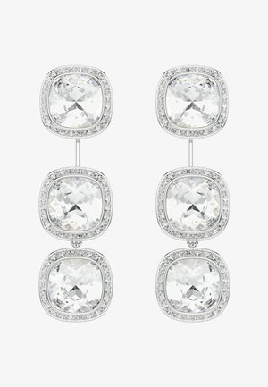 Pair of drop earrings, each with three square-cut clear gemstones bordered by small round crystals, set in a silver-tone metal.