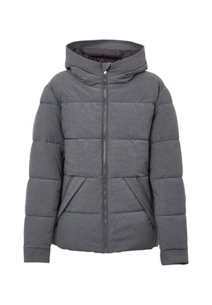 Veste puffer grise avec fermeture éclair à l'avant, capuche et poignets côtelés ; présente un design matelassé et des poches latérales pour le rangement.