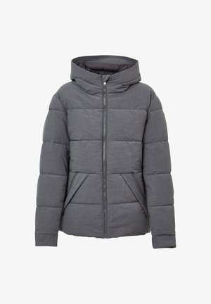 Veste puffer grise avec fermeture éclair à l'avant, capuche et poignets côtelés ; présente un design matelassé et des poches latérales pour le rangement.