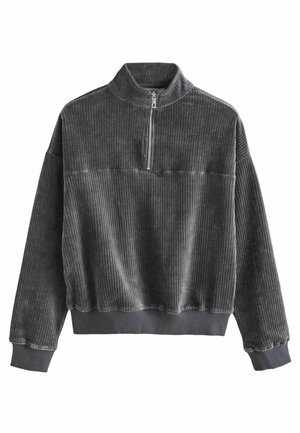 Pull en velours côtelé gris foncé avec demi-fermeture éclair devant, col montant, manches longues et ourlets côtelés aux poignets et à la taille.