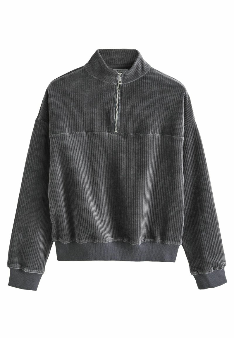 Pull en velours côtelé gris foncé avec demi-fermeture éclair devant, col montant, manches longues et ourlets côtelés aux poignets et à la taille.