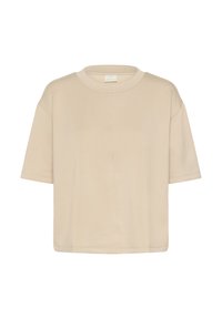 T-shirt beige à manches courtes en tissu doux. Présente un col rond et un ajustement décontracté avec un minimum de couture sur le devant.