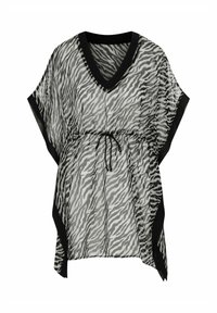 Przezroczysta bluzka w czarno-białe paski zebry z dekoltem w kształcie V, krótkimi rękawami i regulowanym w pasie. Czarne wykończenie podkreśla dekolt i dół.