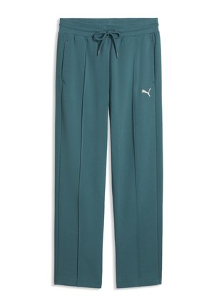 Grønblå afslappede joggingbukser med snøre i taljen, to sidelommer, lige ben og lille hvid Puma-logo på venstre lår.