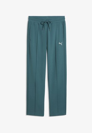 Casual-Sweatpants in Petrol mit Kordelzugbund, zwei seitlichen Taschen, geraden Beinen und kleinem weißem Puma-Logo am linken Oberschenkel.