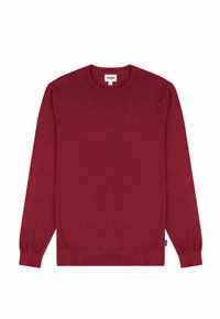 Czerwona, długosleeve sweter z miękkiej dzianiny, z okrągłym dekoltem i ściągaczami na mankietach oraz dole. Minimalistyczny design bez wzorów.