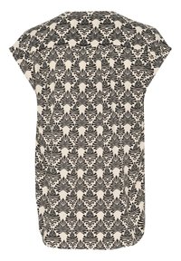 Blouse à manches courtes avec motif abstrait de feuilles en noir et blanc et détail plissé dans le haut du dos.