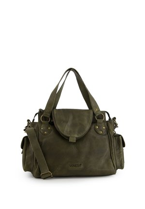 Sac à main en cuir vert olive avec double poignée, poche avant à rabat, poches latérales et bandoulière ajustable, étiqueté "Venezia."