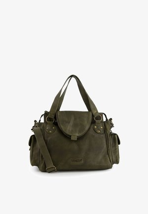 Olivgrüne Lederhandtasche mit Doppelgriffen, Frontklappentasche, Seitentaschen und verstellbarem Schulterriemen, beschriftet mit "Venezia."