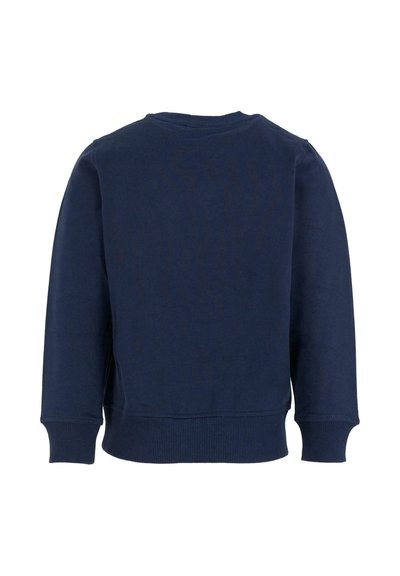 Felpa blu navy realizzata in misto cotone, presenta un collo tondo, maniche lunghe, polsini e orlo a coste, design semplice senza grafiche visibili.