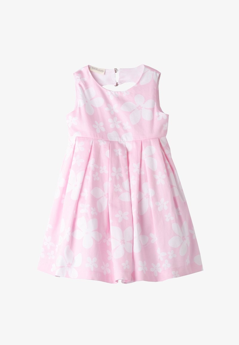 Robe sans manches rose pour fille avec un motif floral blanc, encolure ronde, jupe plissée et fermeture éclair dans le dos.