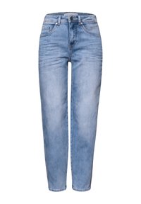 Light blue high-waisted denim jeans with front button and zipper, five pockets, and subtle faded detailing on thighs and knees.