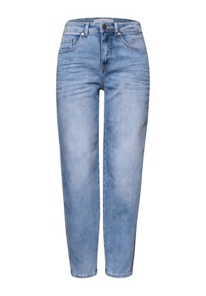 Lichtblauwe, hoogwater denimbroek met een knoop- en ritssluiting aan de voorkant, vijf zakken en subtiele vervaagde details op de dijen en knieën.