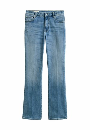 Hellblaue Jeans aus Denim mit geradem Bein, Vordertaschen, Gürtelschlaufen sowie Knopf- und Reißverschluss.