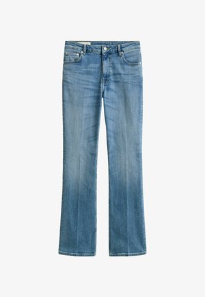 Lichtblauwe spijkerbroek van denim met een rechte pijp, voorzakken, riemlussen, en een sluiting met knoop en rits.